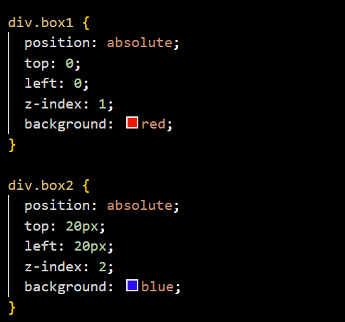 Blue box with z-index 2 overlapping red box with z-index 1